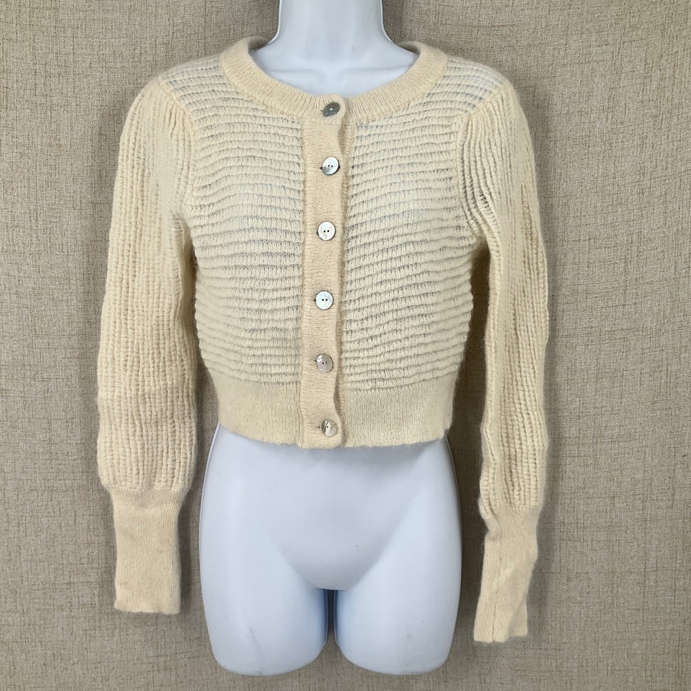 Wilfred Cardigan Women M Cream Wool Blend Cropped Fuzzy Ribbed Button Up Classic